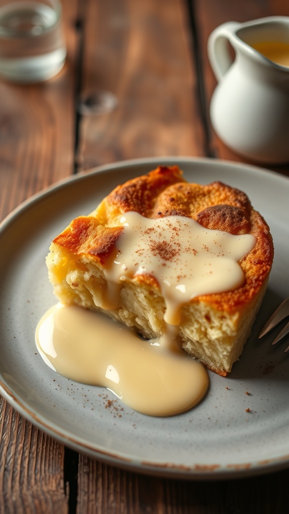 Slice of Yorkshire bread pudding with custard on a rustic plate.